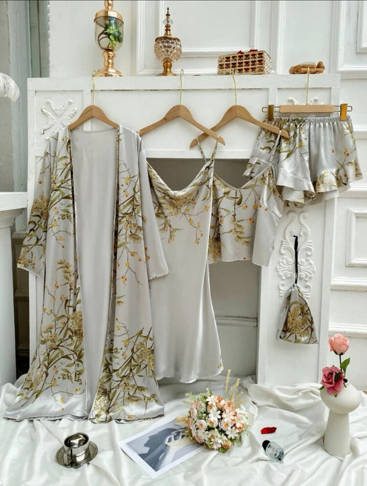 5pcs Floral Print Satin Ruffle Trim PJ Set Minoustore