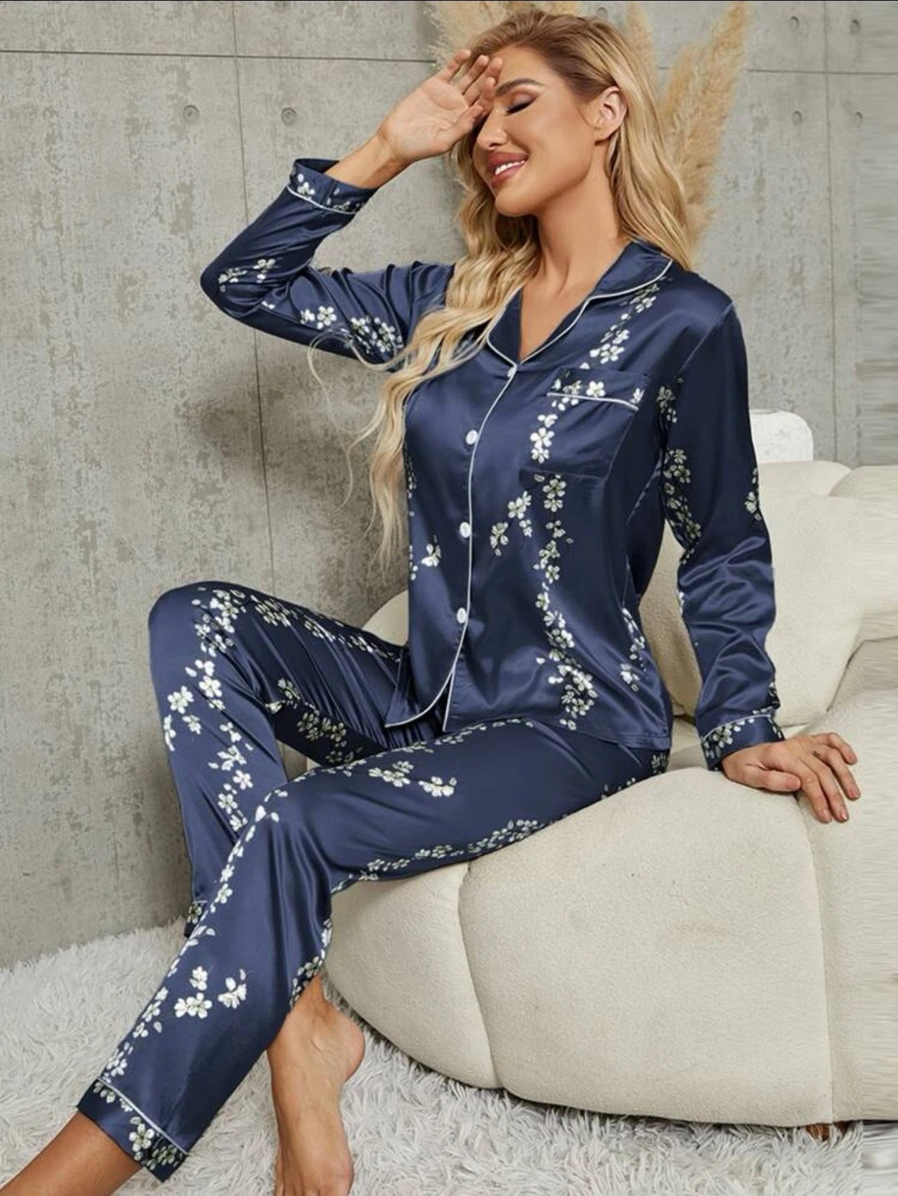 Floral Print Contrast Piping Satin Blouse & Pants PJ Set Minoustore