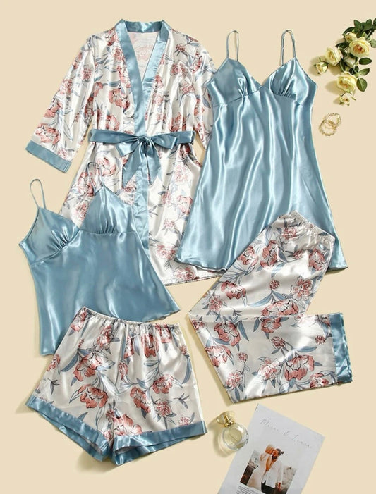 5pcs Floral Print Belted Satin Robe & Cami Top & Night Dress & Pants & Shorts Minoustore