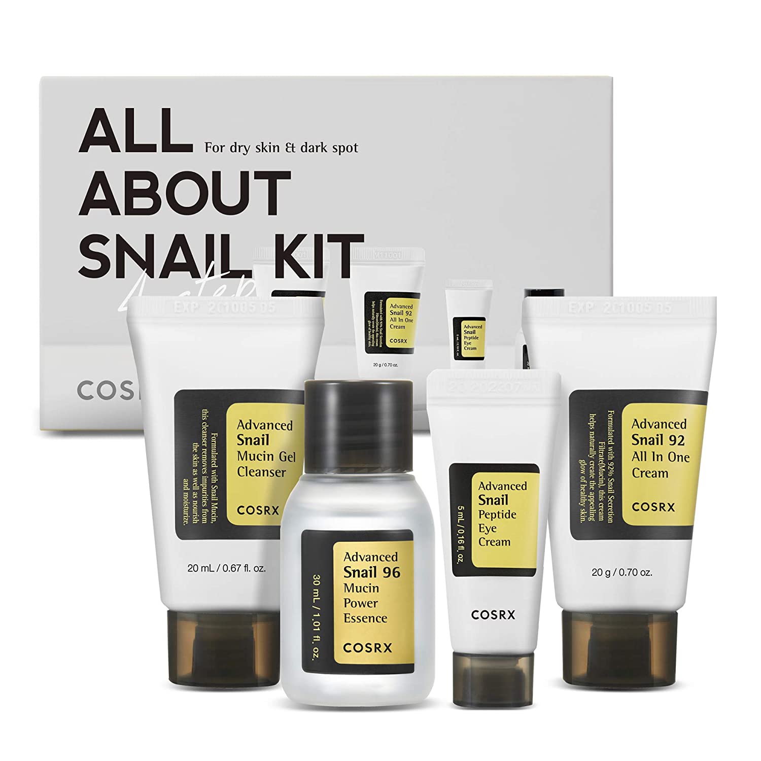 COSRX All About Snail Korean Skincare | TSA Approved Travel Size, Gift Set |Cleanser, Essence, Cream, Eye-cream | Snail Mucin for Repairing, Recovering, Rejuvenating Minoustore