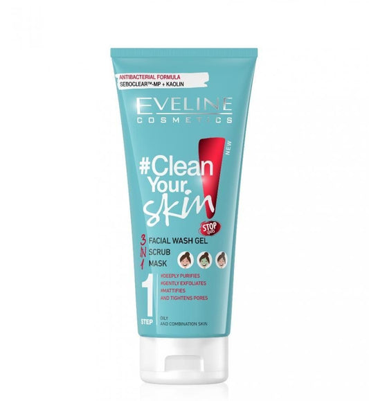 EVELINE CLEAN YOUR SKIN 3 IN 1 FACIAL WASH GEL + SCRUB + MASK Minoustore