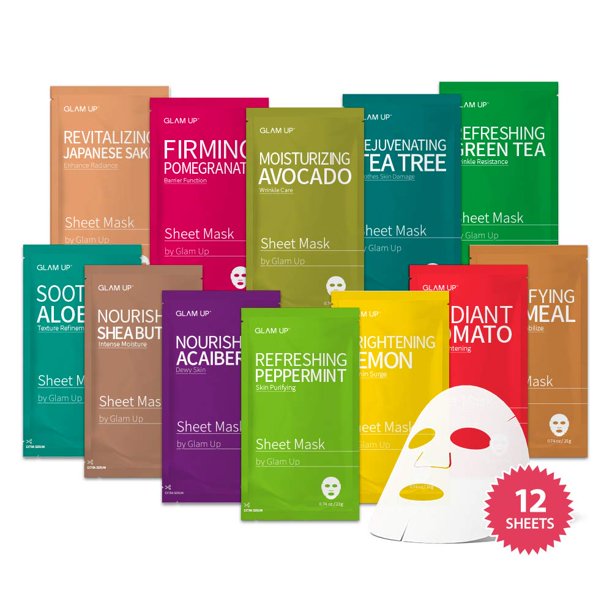 GLAM UP Sheet mask Facial Sheet Mask 12 Combo (Pack of 12) - Face Masks Skincare, Hydrating Face Masks, Moisturizing, Brightening and Soothing, Beauty Mask For All Skin Type Minoustore